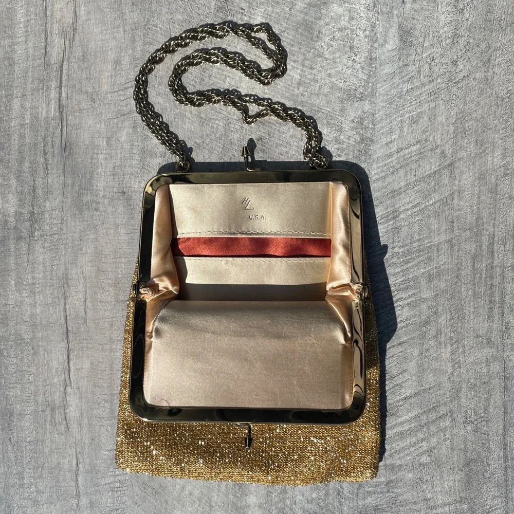 Vintage Harry Levine Gold Weave Evening Bag Kiss Lock Chain Strap Clutch Wedding